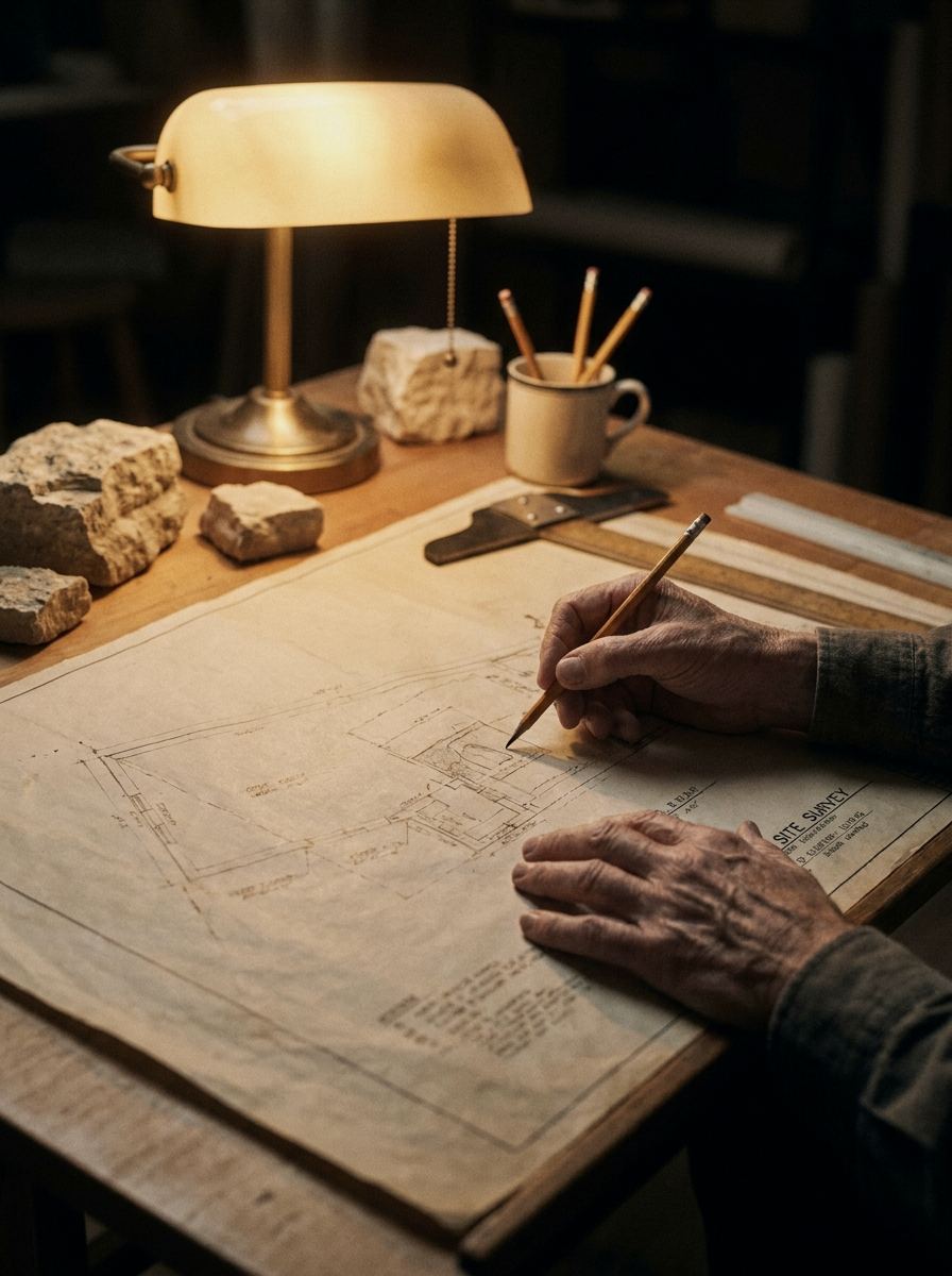 Hands sketching over a site survey drawing