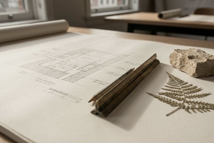 Landscape design plan with limestone sample